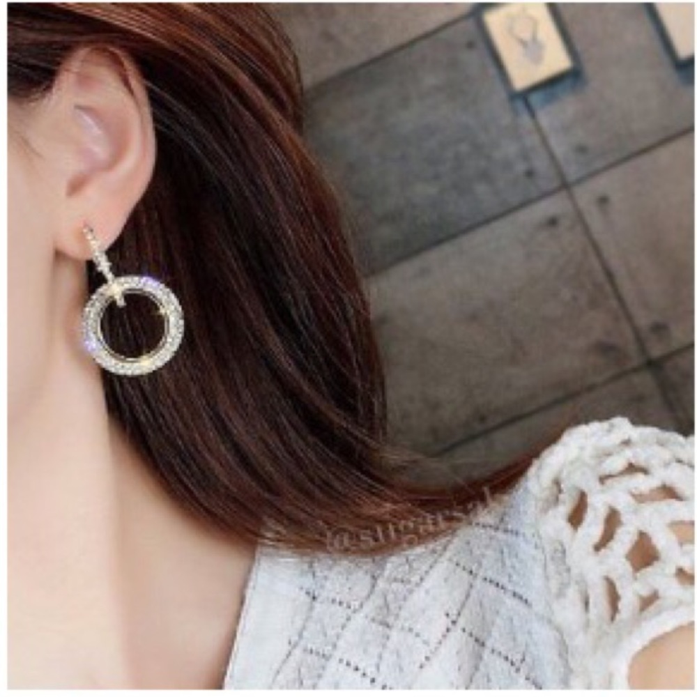 Crystal Pave Double Hoop Dangle Earrings - Sparkly - Picture 4 of 8